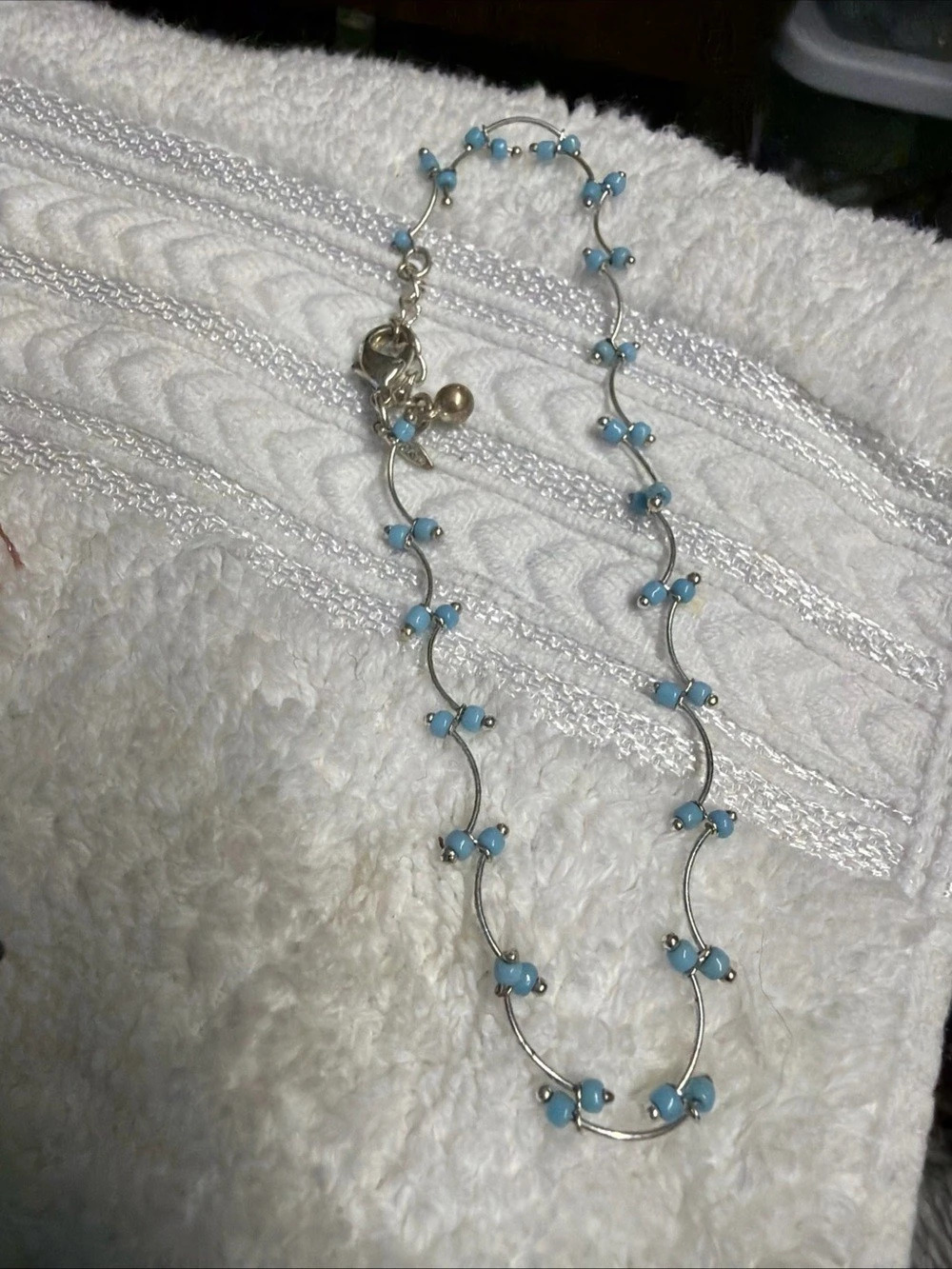 Avon Teal & Silver Plates Beaded Ankle Necklace swivels
